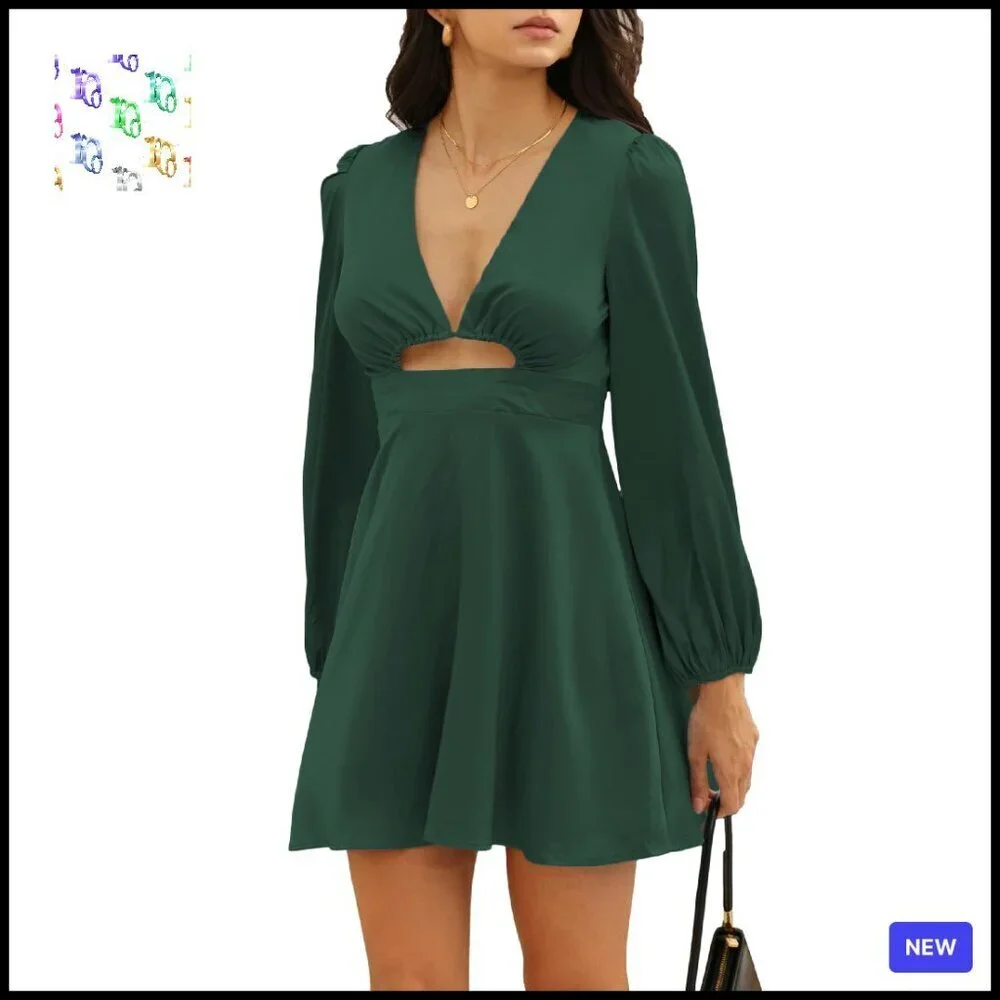Satin Mini Dress Elegant V-Neck Lantern Sleeve Cut Out Evening Party Wear